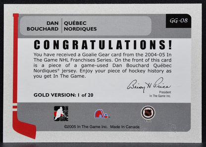 2004-05 ITG Franchises Canadian Goalie Gear Dan Bouchard Quebec Nordiques 4251