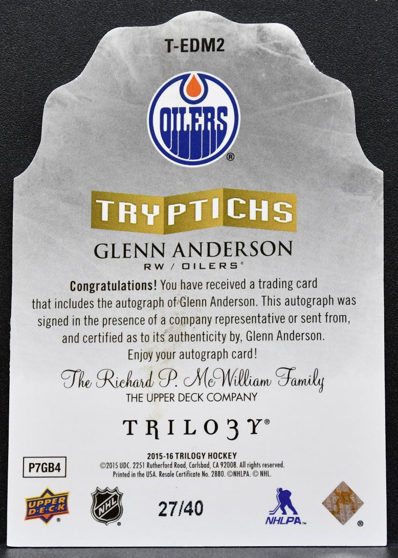 2015-16 Upper Deck Trilogy Tryptichs Glenn Anderson Oilers Auto 27/40 5596