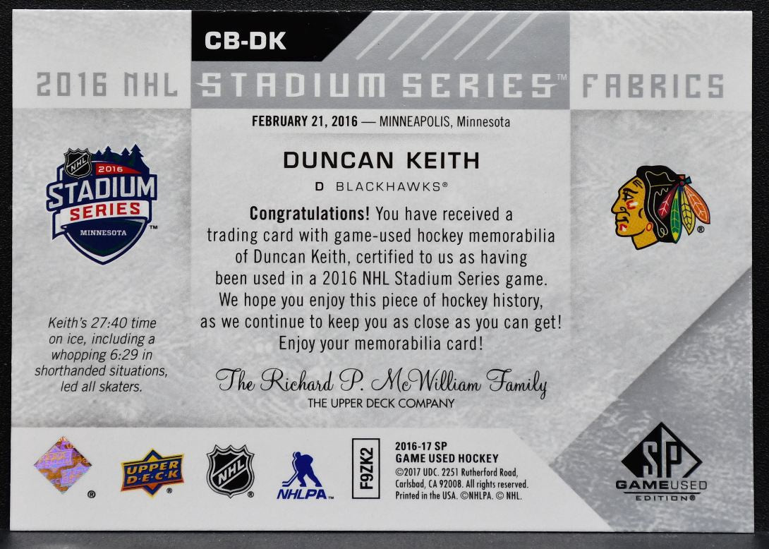 2016-17 SP Game Used 2016 Stadium Series Fabrics Keith Blackhawks Jersey 5081