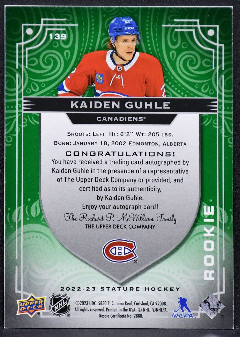 2022-23 UD Stature Rookie Auto Green Guhle 139 Canadiens RC Auto /65 4825