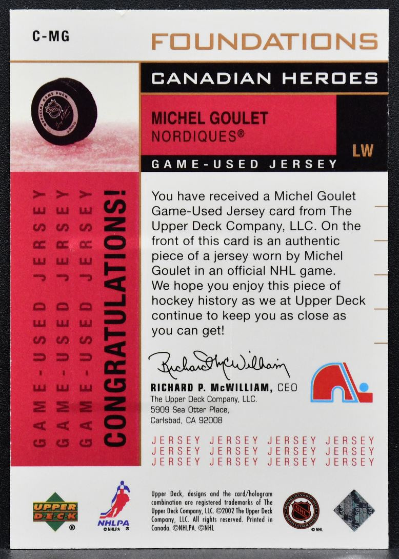 2002-03 UD Foundations Canadian Heroes Michel Goulet 129/150 Jersey 3353
