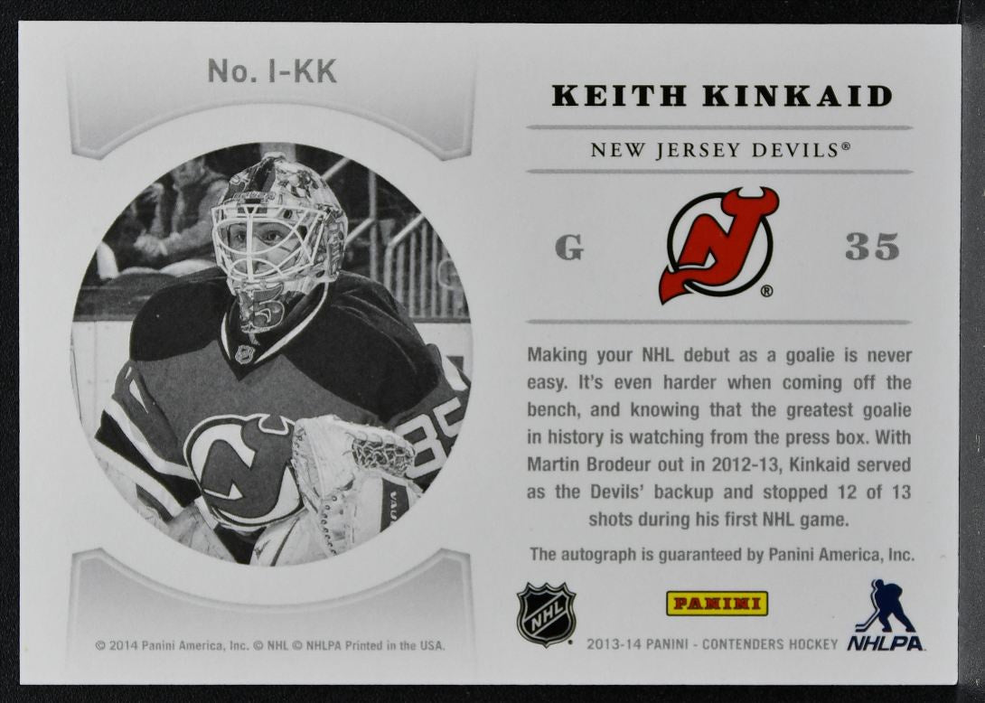 2013-14 Panini Contenders NHL Ink Keith Kinkaid I-KK New Jersey Devils Auto 1672