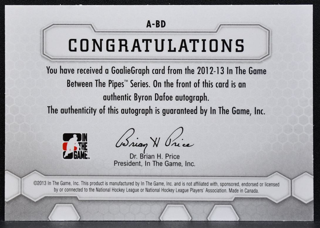 2013-14 In The Game Between The Pipes 90s Authentic GoalieGraph Dafoe Auto 8207