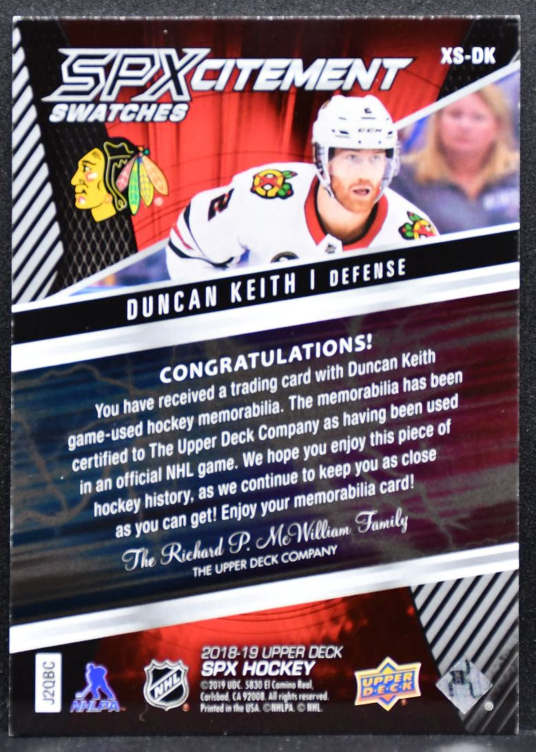 2018-19 SPx SPxcitement Swatches Jersey Duncan Keith Blackhawks Jersey 5368