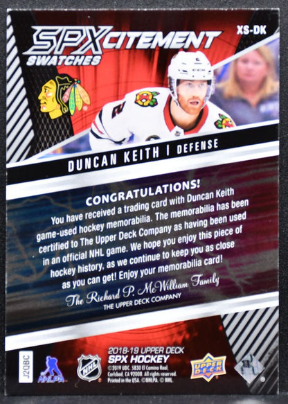 2018-19 SPx SPxcitement Swatches Jersey Duncan Keith Blackhawks Jersey 5368