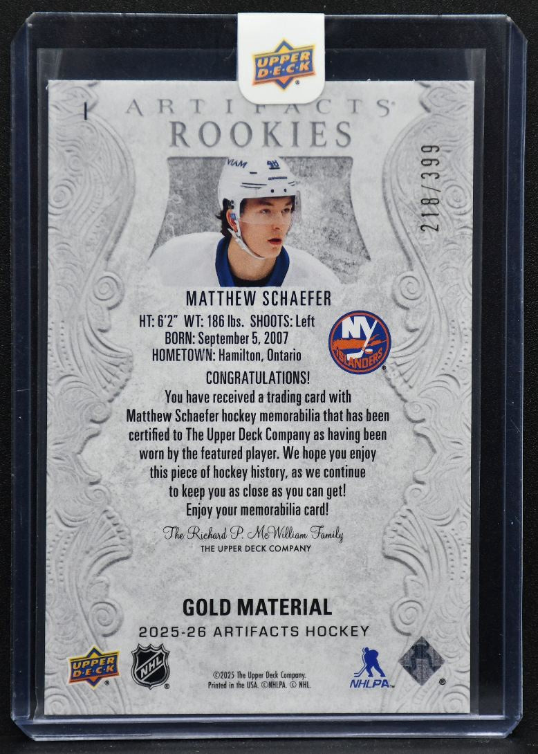 2025-26 UD Artifacts Rookies Gold Material Matthew Schaefer I RC Jersey 3023