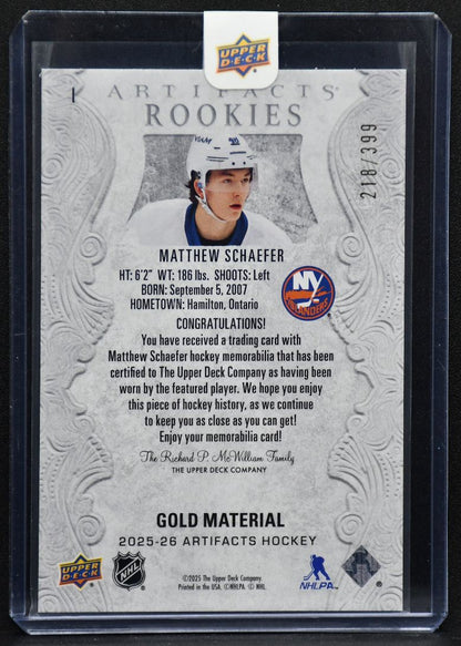 2025-26 UD Artifacts Rookies Gold Material Matthew Schaefer I RC Jersey 3023