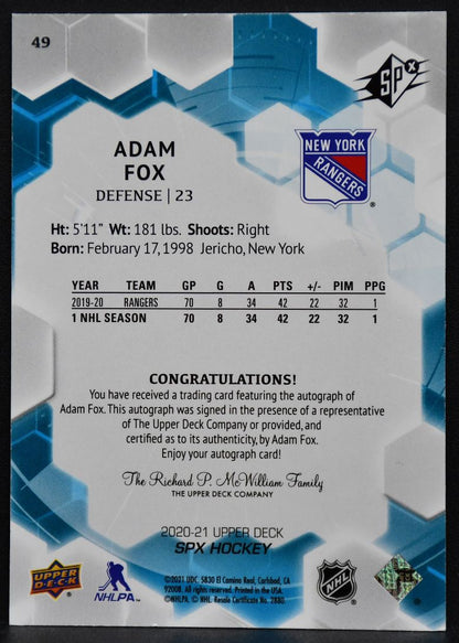 2020-21 SPx Autographs Adam Fox 49 New York Rangers Auto 4504