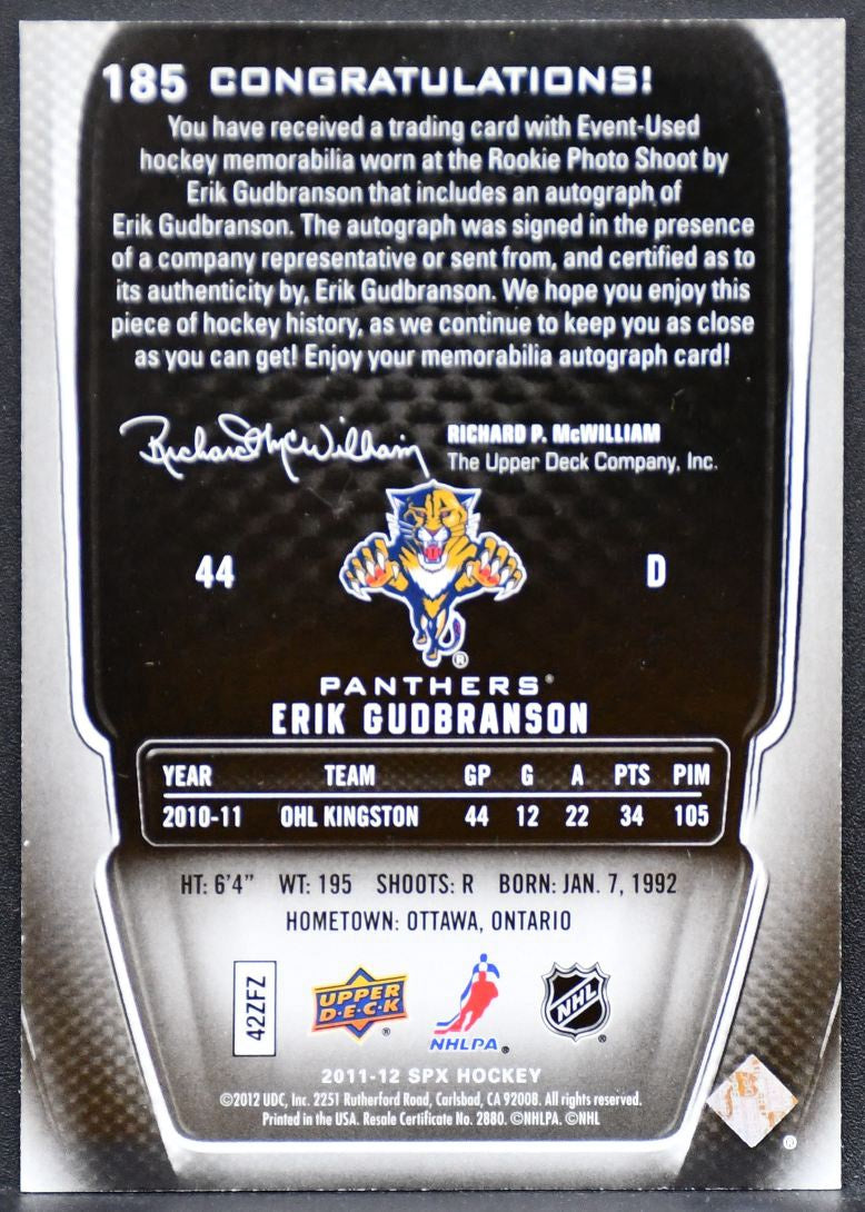 2011-12 SPx RC Jersey Erik Gudbranson 185 Panthers RC Auto 298/799 Jersey 0164