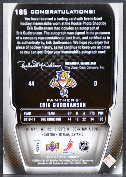 2011-12 SPx RC Jersey Erik Gudbranson 185 Panthers RC Auto 298/799 Jersey 0164