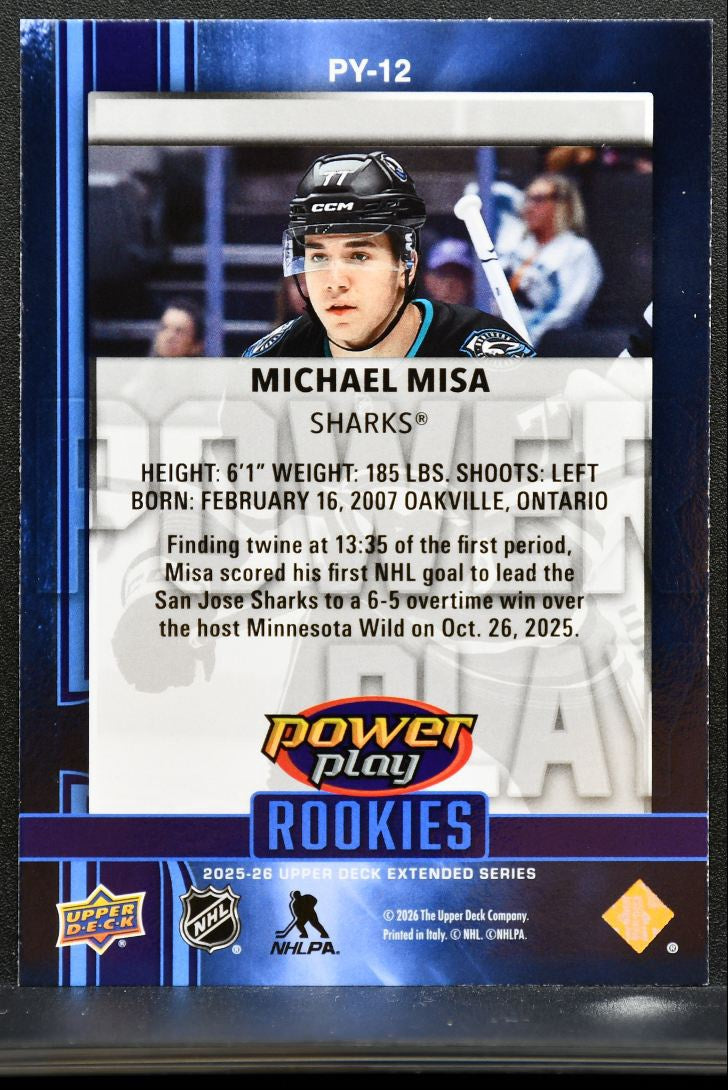 2025-26 UD Extended Series Power Play Rookies Michael Misa PY-12 Sharks RC 7399