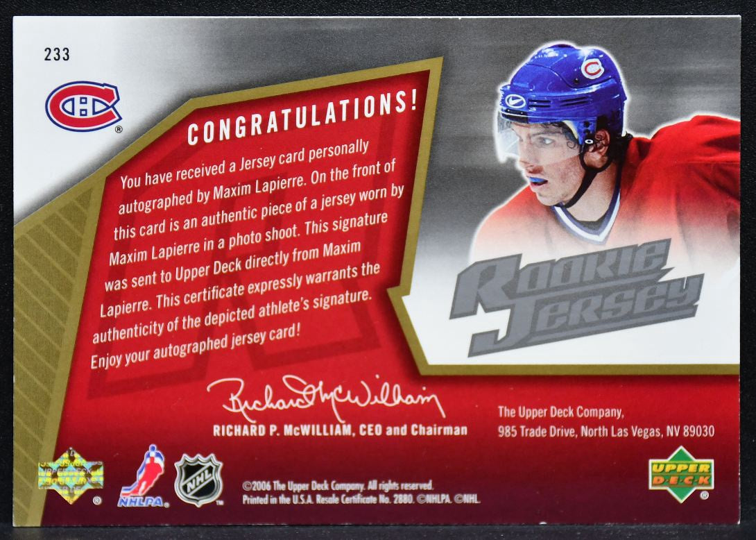 2005-06 SPx RC Jersey Maxim Lapierre 233 Canadiens RC Auto 1642/1999 Jersey 6535