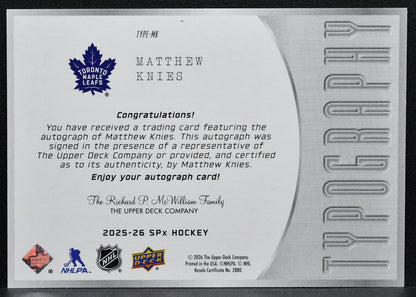 2025-26 SPx Typography Matthew Knies TYPE-MK Toronto Maple Leafs Auto 16/49 7160