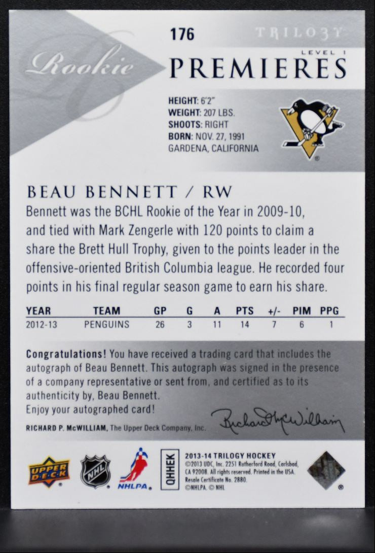 2013-14 UD Trilogy Rookie Premieres Auto Lvl 1 Bennett RC Auto 053/699 9939