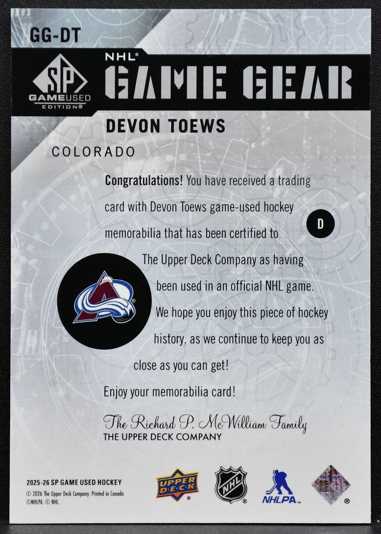 2025-26 SP Game Used NHL Game Gear Devon Toews Avalanche 077/100 Jersey 6156