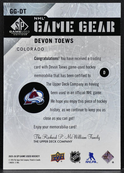2025-26 SP Game Used NHL Game Gear Devon Toews Avalanche 077/100 Jersey 6156