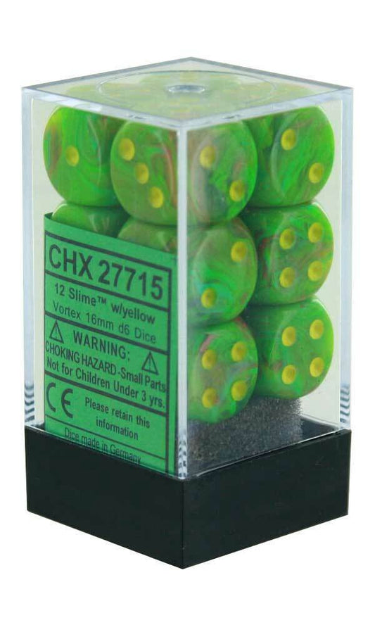 Vortex 12 * D6 Slime / Yellow 16mm Chessex Dice (CHX27715)