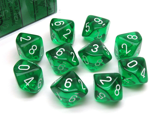 Translucent 10 * D10 Green / White - New Version Chessex Dice (CHX23275)