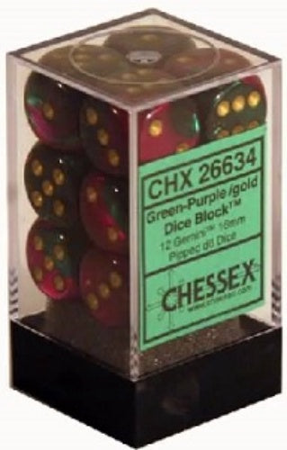 Gemini 12 * D6 Green-Purple / Gold 16mm Chessex Dice (CHX26634)