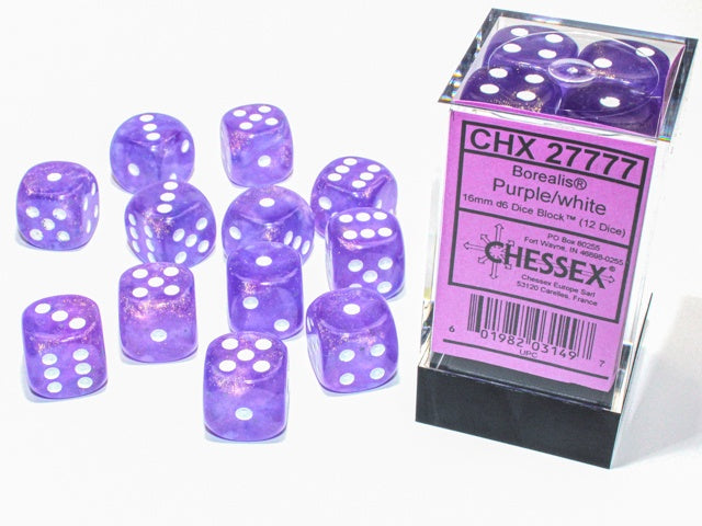 Borealis 12 * D6 Purple / White 16mm Luminary Chessex Dice (CHX27777)