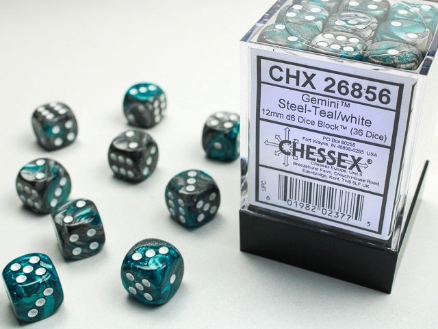 Gemini 36 * D6 Steel-Teal / White 12mm Chessex Dice (CHX26856)