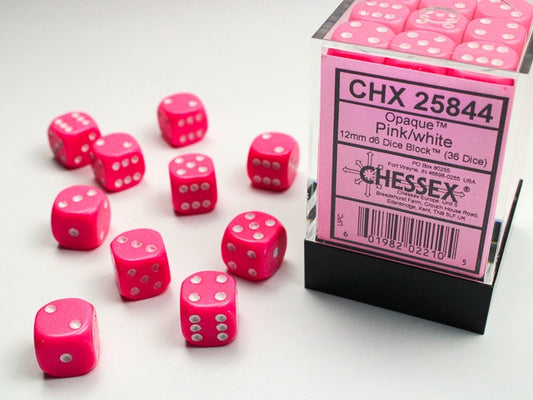 Opaque 36 * D6 Pink / White 12mm Chessex Dice (CHX25844)