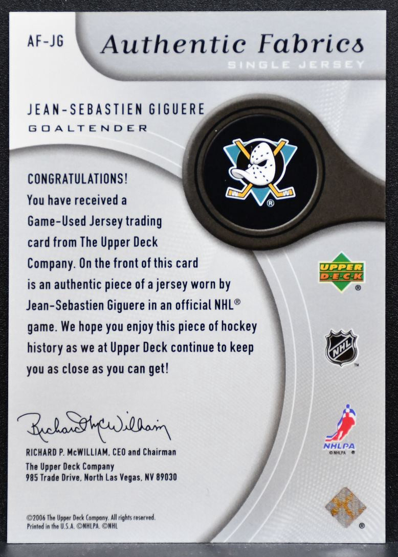 2005-06 SP Game Used Authentic Fabrics Giguere Mighty Ducks Jersey 5832