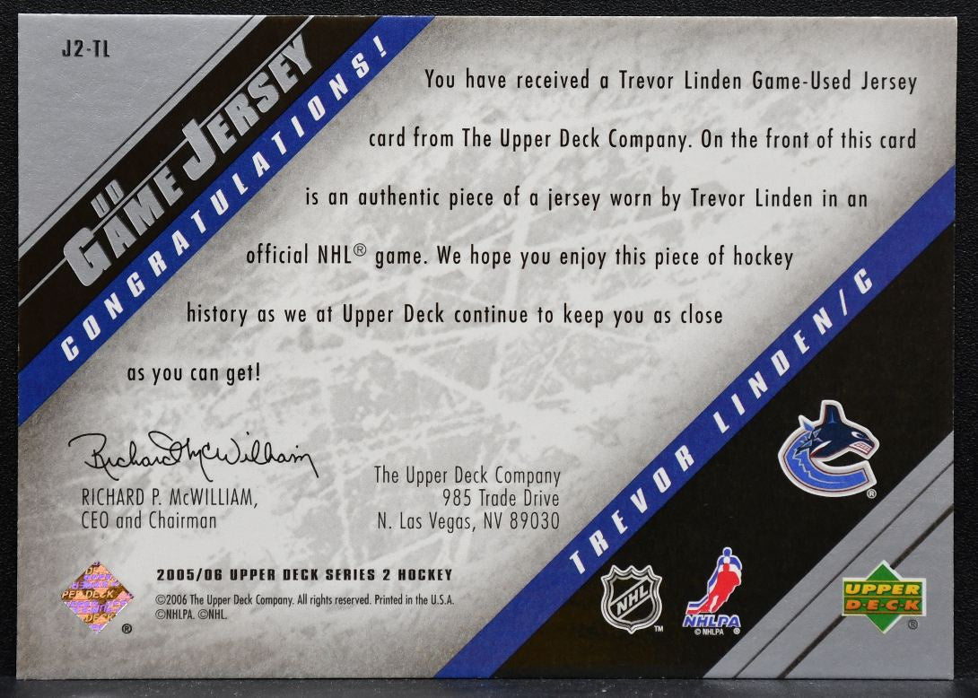2005-06 Upper Deck UD Game Jerseys Series II Trevor Linden Canucks Jersey 5611