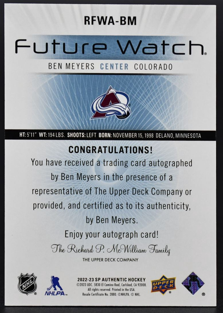 2022-23 SP Authentic 2012-13 Retro Future Watch Auto Meyers Avalanche RC /699