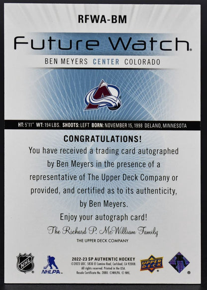 2022-23 SP Authentic 2012-13 Retro Future Watch Auto Meyers Avalanche RC /699