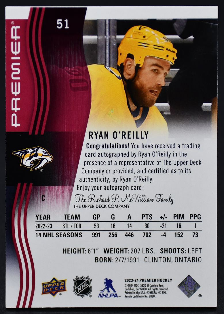 2023-24 UD Premier Ryan O'Reilly 51 Nashville Predators Auto