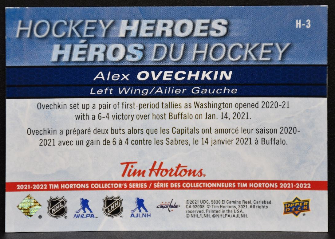2021-22 UD Tim Hortons Hockey Heroes Alex Ovechkin H-3 Washington Capitals 7177
