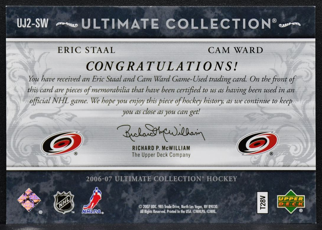 2006-07 UD Ultimate Collection Dual Jerseys Eric Staal/Cam Ward Jersey 7909