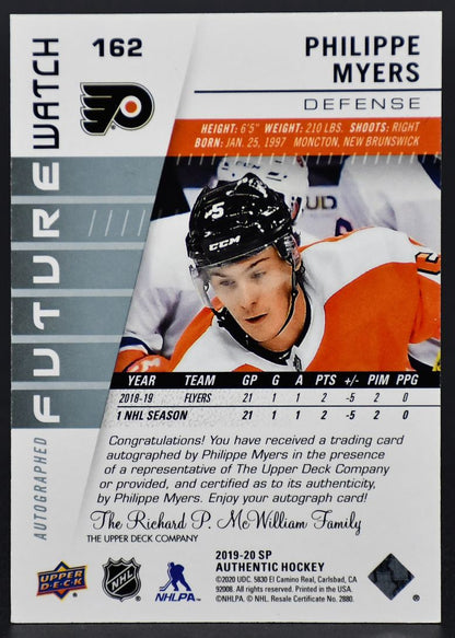 2019-20 SP Authentic Future Watch Myers Philadelphia Flyers RC Auto /999