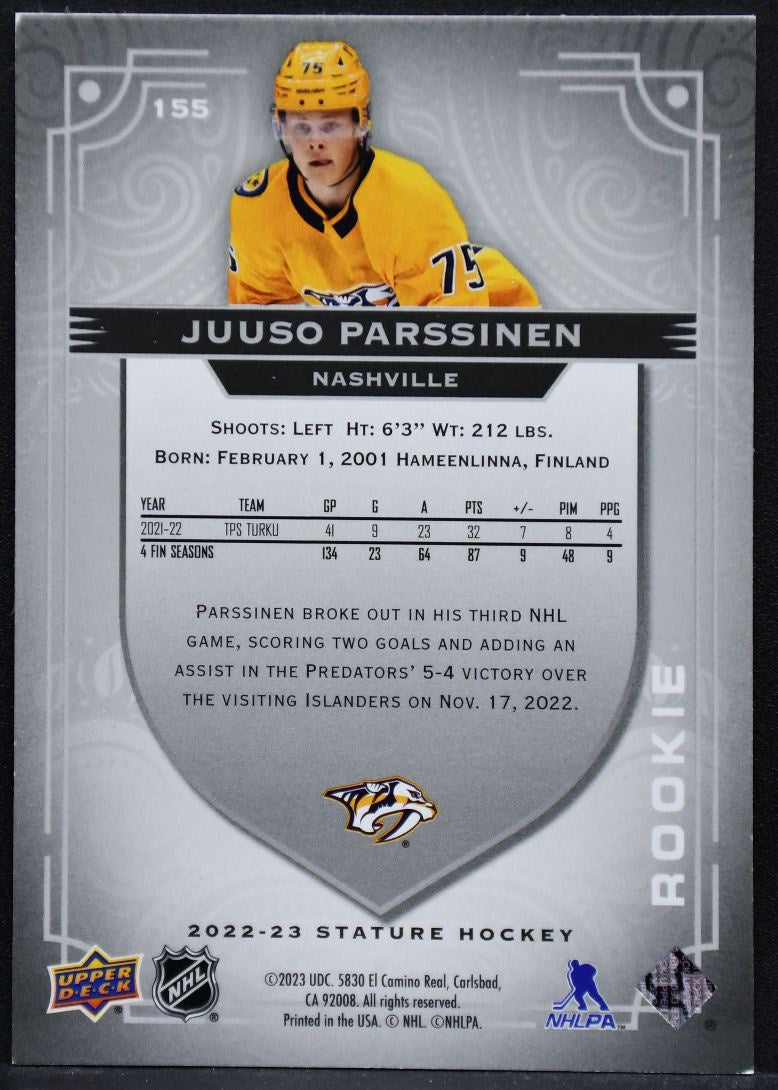 2022-23 UD Stature Rookie Juuso Parssinen 155 Nashville Predators RC 370/399