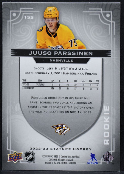 2022-23 UD Stature Rookie Juuso Parssinen 155 Nashville Predators RC 370/399