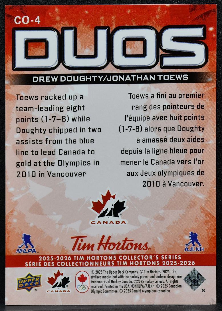 2025-26 Upper Deck Tim Hortons Duos Drew Doughty / Jonathan Toews CO-4 0107