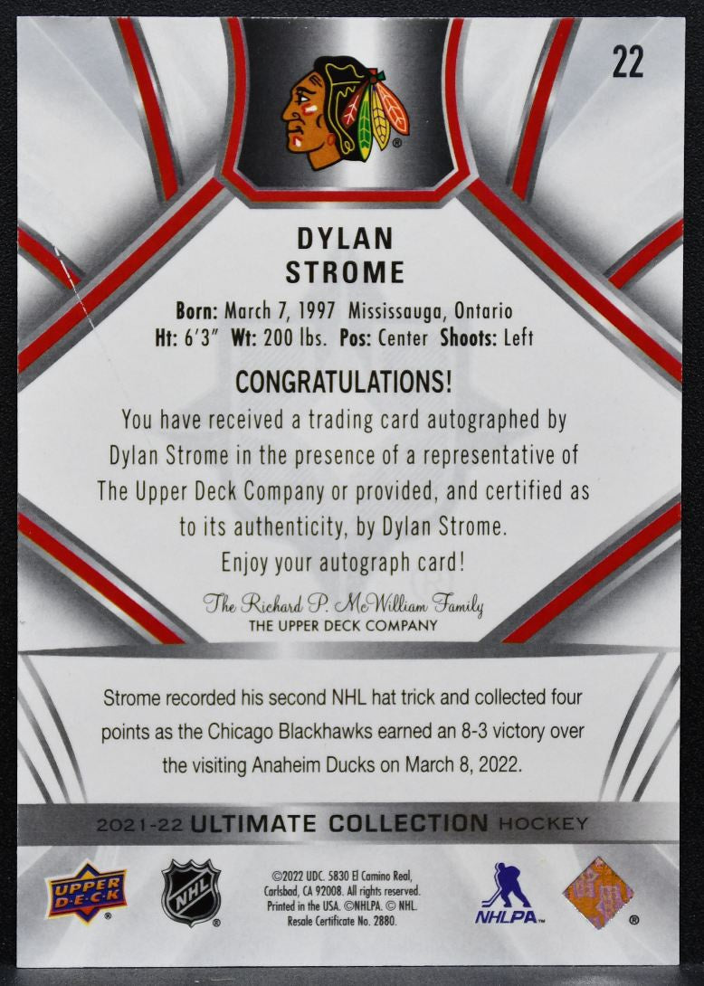 2021-22 Upper Deck Ultimate Collection Auto Dylan Strome 22 Blackhawks Auto 7347