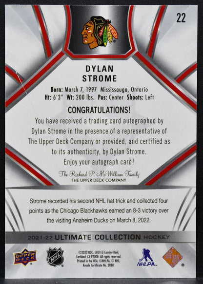 2021-22 Upper Deck Ultimate Collection Auto Dylan Strome 22 Blackhawks Auto 7347