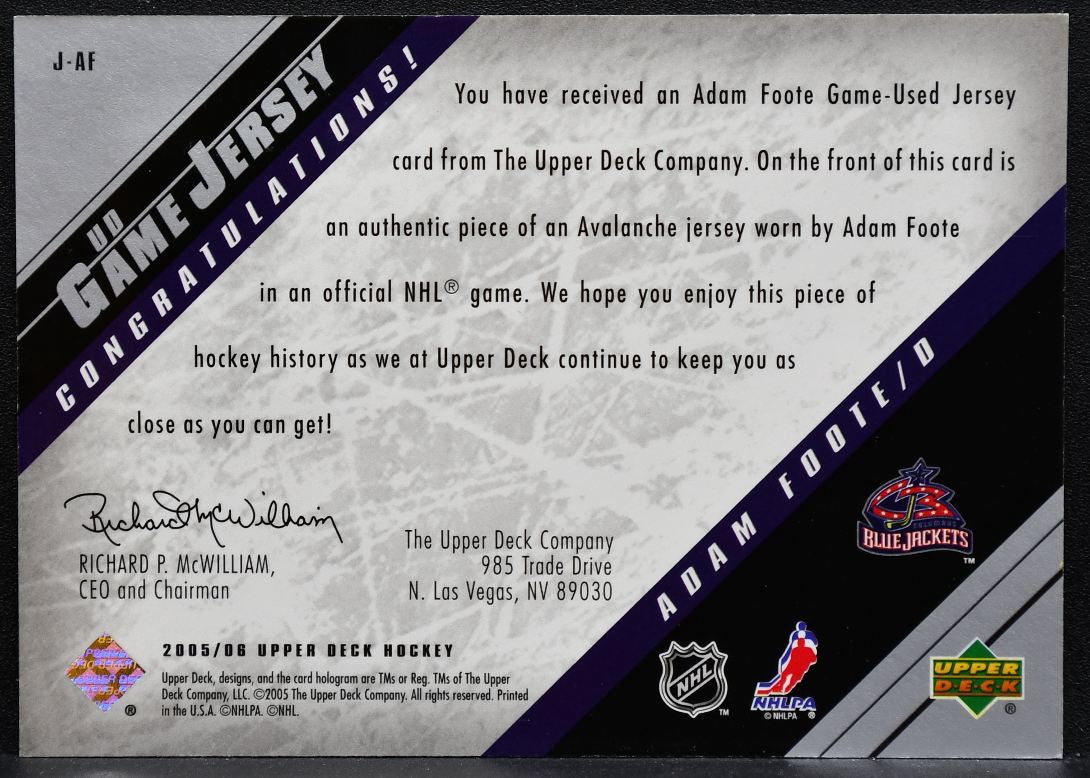 2005-06 Upper Deck UD Game Jersey Adam Foote J-AF Blue Jackets Jersey 4954