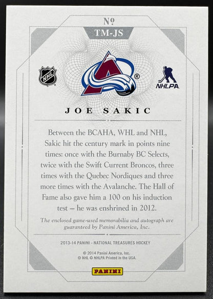 Carte autographiée Triple Joe Sakic des Colorado Avalanche, collection Panini National Treasures 2013-14