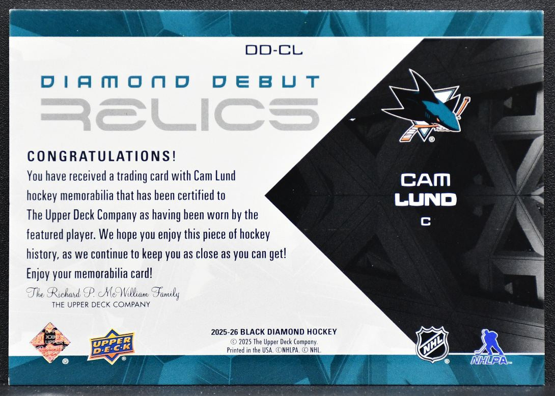 2025-26 Upper Deck Black Diamond Debut Relics Jersey Cam Lund RC Jersey 8005
