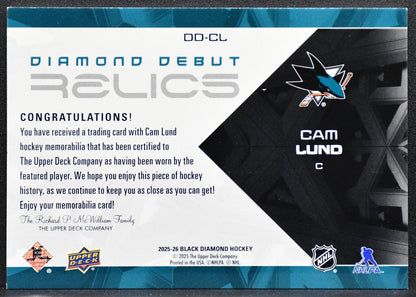 2025-26 Upper Deck Black Diamond Debut Relics Jersey Cam Lund RC Jersey 8005
