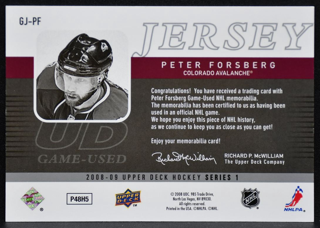 2008-09 UD Series 1 UD Game Jerseys Peter Forsberg GJ-PF Avalanche Jersey 3589
