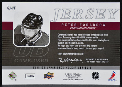 2008-09 UD Series 1 UD Game Jerseys Peter Forsberg GJ-PF Avalanche Jersey 3589