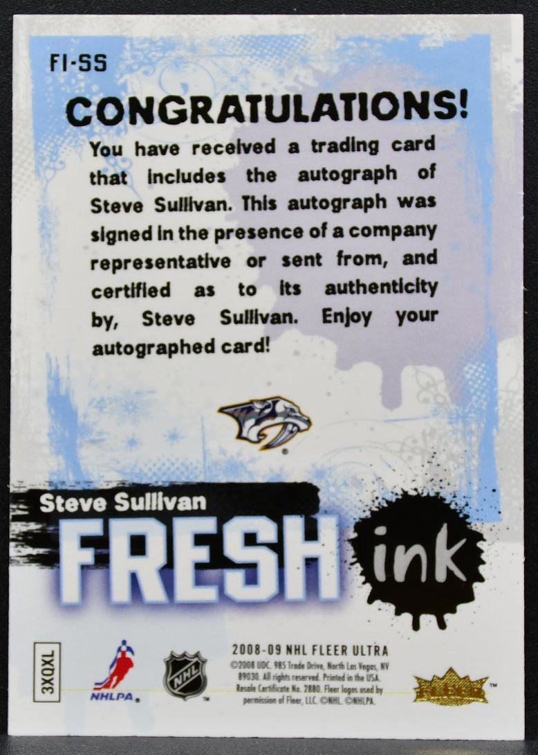 2008-09 Fleer Ultra Fresh Ink Steve Sullivan FI-SS Nashville Predators Auto 1086