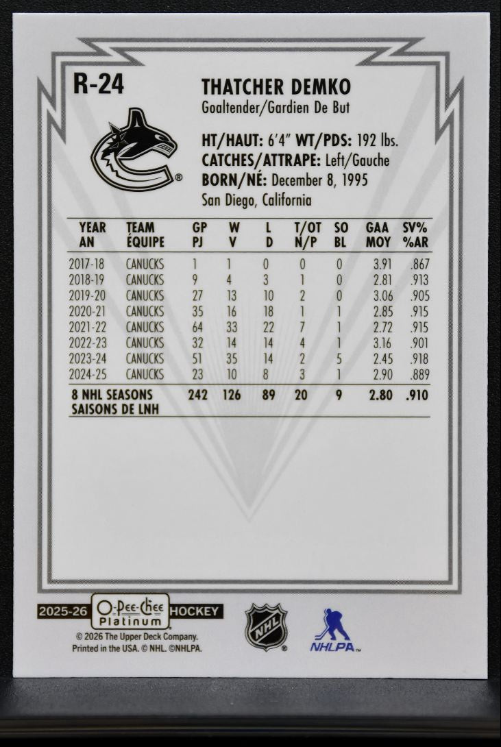 2025-26 O Pee Chee Platinum Retro Thatcher Demko R-24 Vancouver Canucks 7641