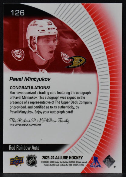 2023-24 UD Allure Red Rainbow - Auto Pavel Mintyukov 126 Anaheim Ducks RC Auto