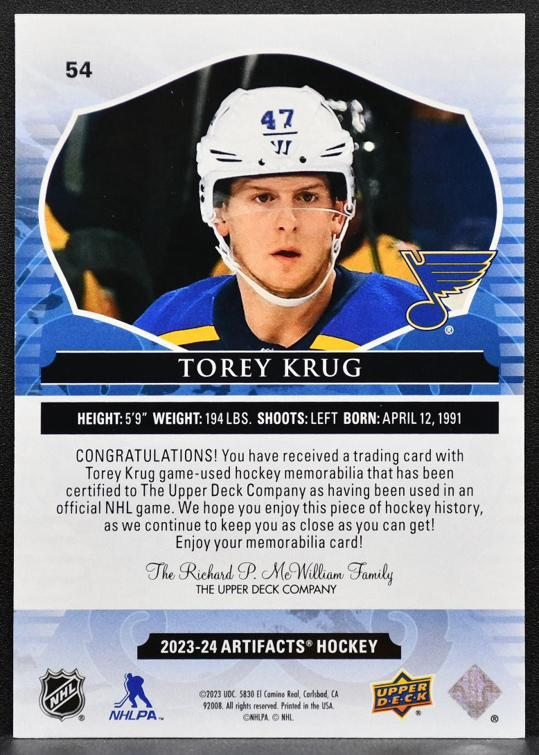 2023-24 Upper Deck Artifacts Jersey Torey Krug 54 St. Louis Blues Jersey 2416