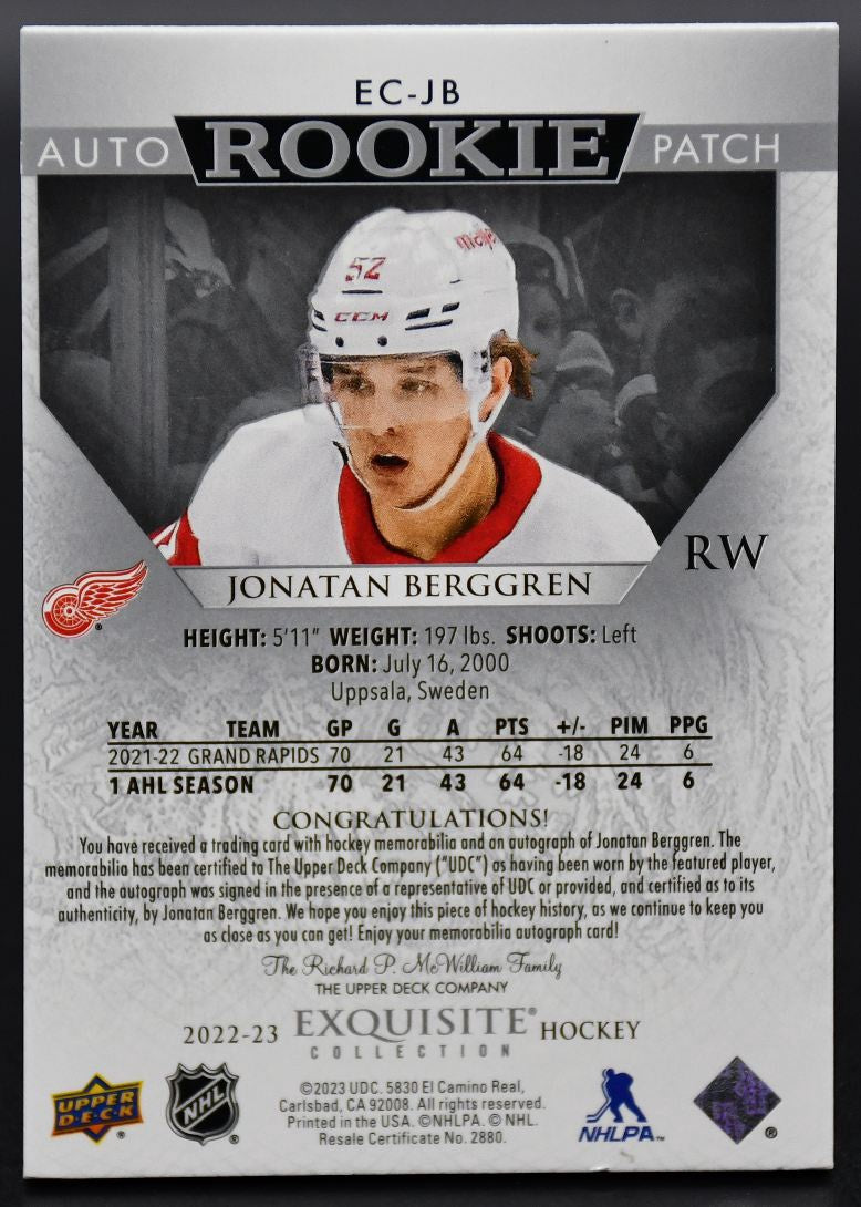 2022-23 UD Exquisite Collection Berggren Detroit Red Wings RC Auto /52 Patch
